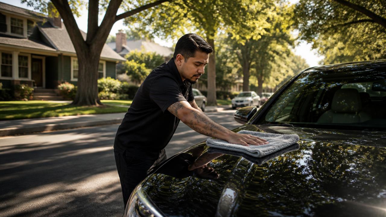 Mobile detailer drying a car on a tree lined Sacramento residential street
