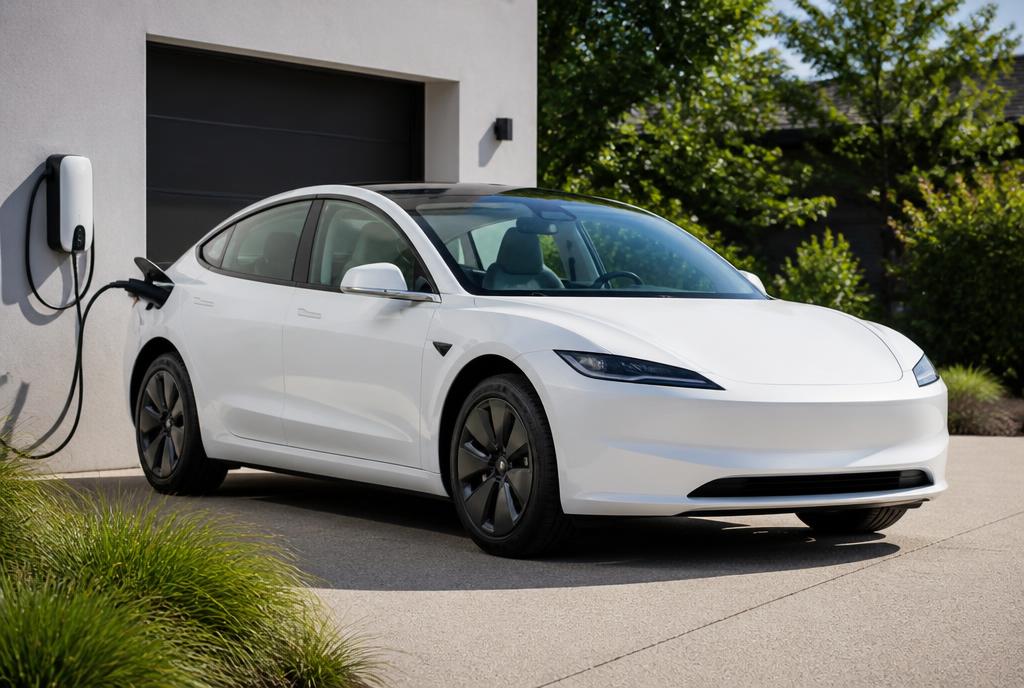 Detailed white electric car charging in a driveway