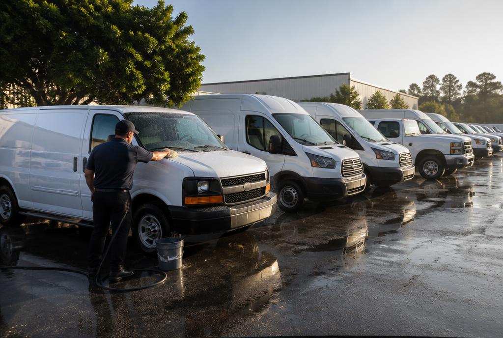 Detailer washing a row of white work vans in a company lot