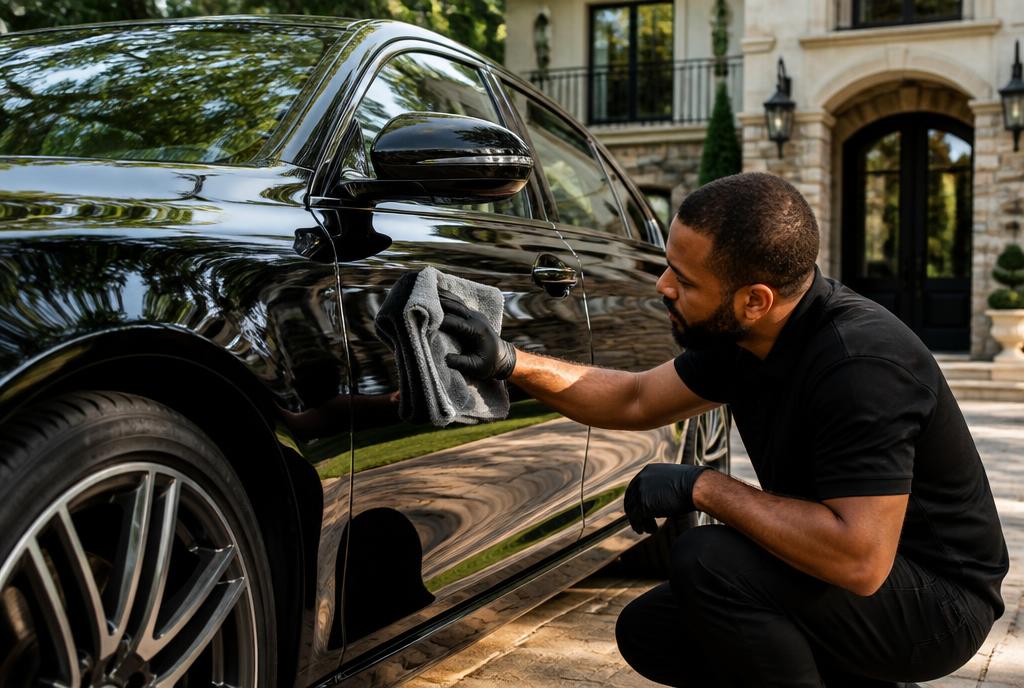 Detailer wiping down a glossy black luxury sedan with a microfiber towel