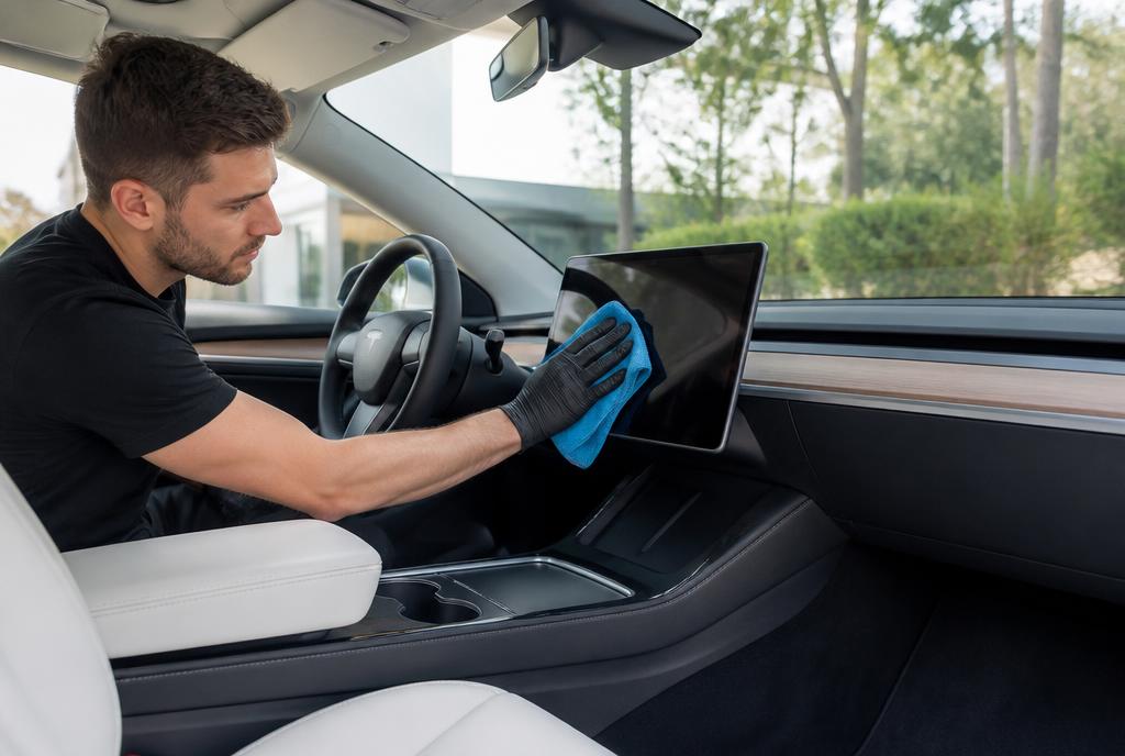 Detailer cleaning the touchscreen and dashboard of an electric car interior